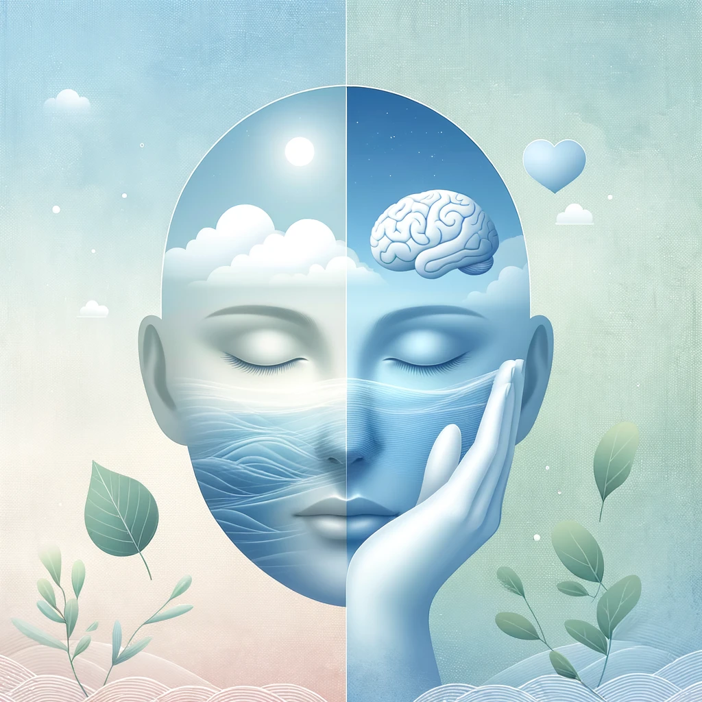 Peaceful human face in meditation, half with a calm sky and half with gentle water waves, symbolizing tranquility and balance in managing anxiety.