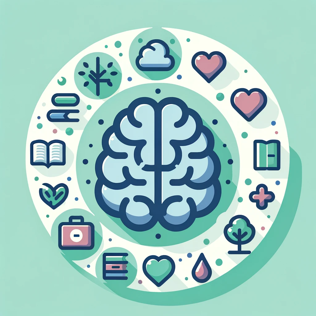 Stylized brain icon with surrounding elements representing emotional health, nature's role in well-being, knowledge, and communication, in a soothing color palette.
