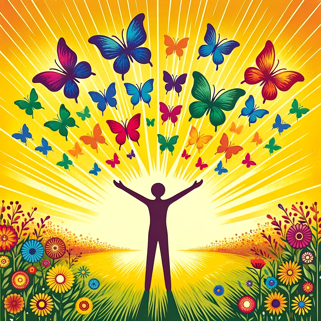 Joyful figure with open arms releasing colorful butterflies in a sunlit field of flowers, representing the spread of joy and positive impact.