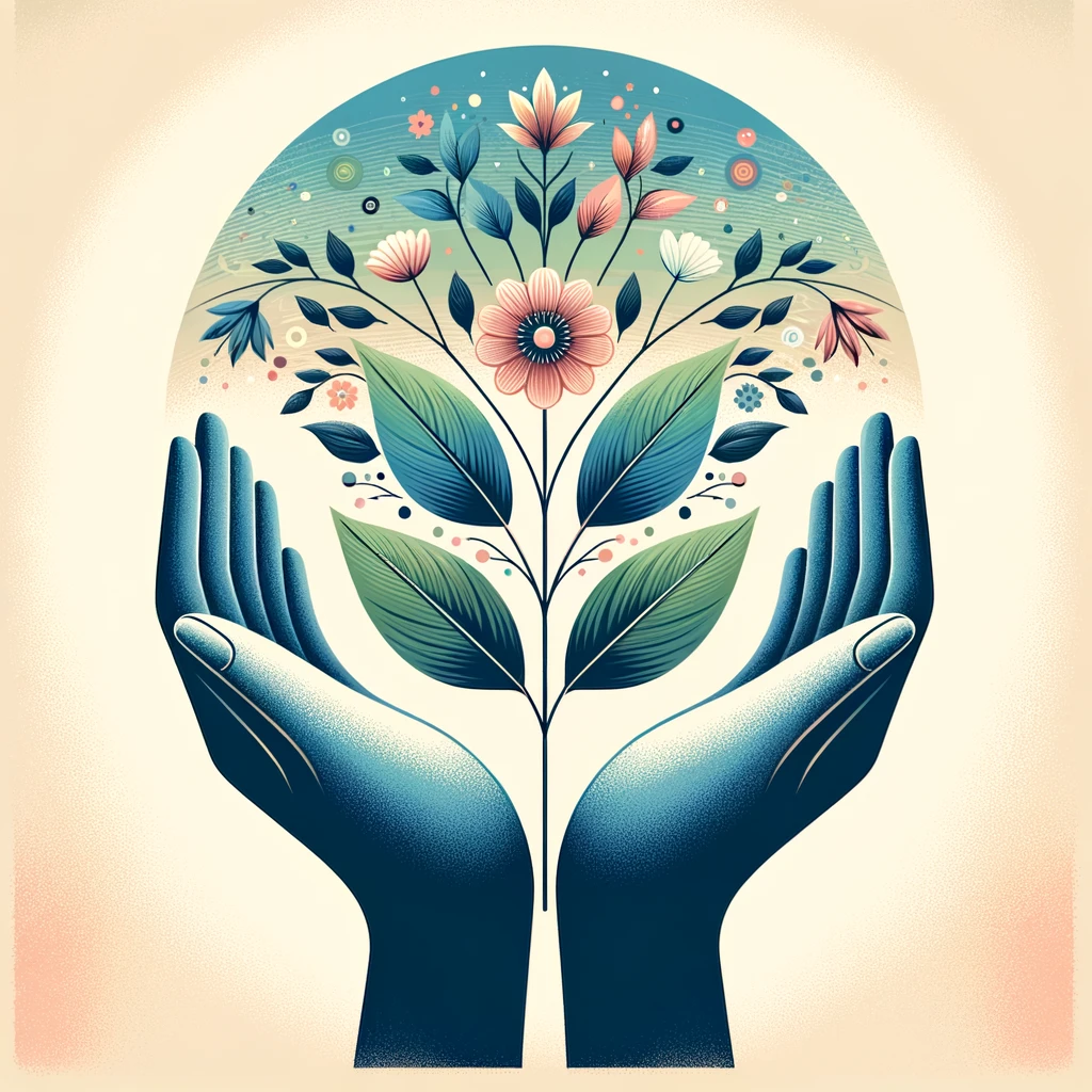 Hands nurturing a vibrant plant with flowers and leaves, symbolizing taking control of personal health, mental peace, and emotional balance.