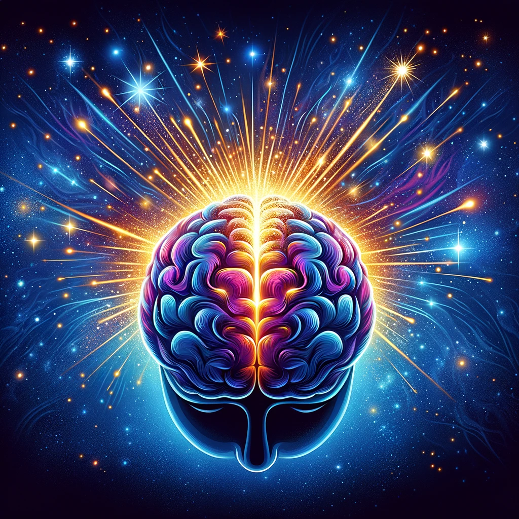 Vibrant human brain glowing with sparks and light rays against a cosmic background, representing the unleashing of brain's potential and creativity.