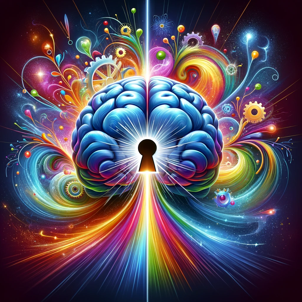 Vibrant human brain with a central keyhole, surrounded by light bursts, gears, and waves, symbolizing the unlocking of mental potential and creativity.