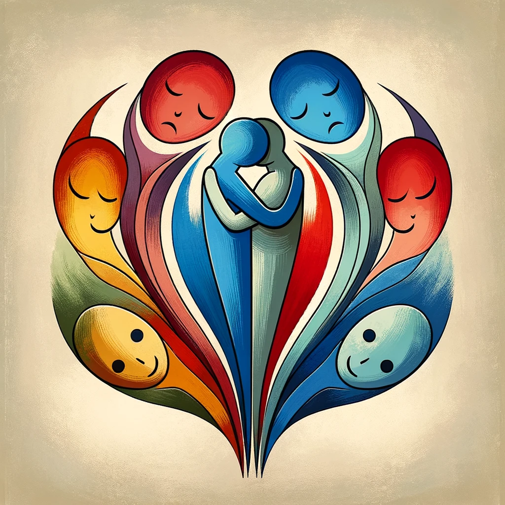 Two stylized figures embracing, surrounded by a spectrum of colors representing diverse emotions.