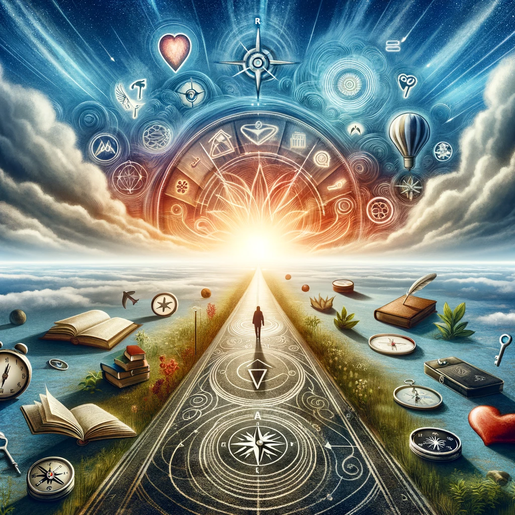 A path leading towards a bright horizon, surrounded by symbols of knowledge, direction, passion, and ideas, representing the journey to find one's purpose.