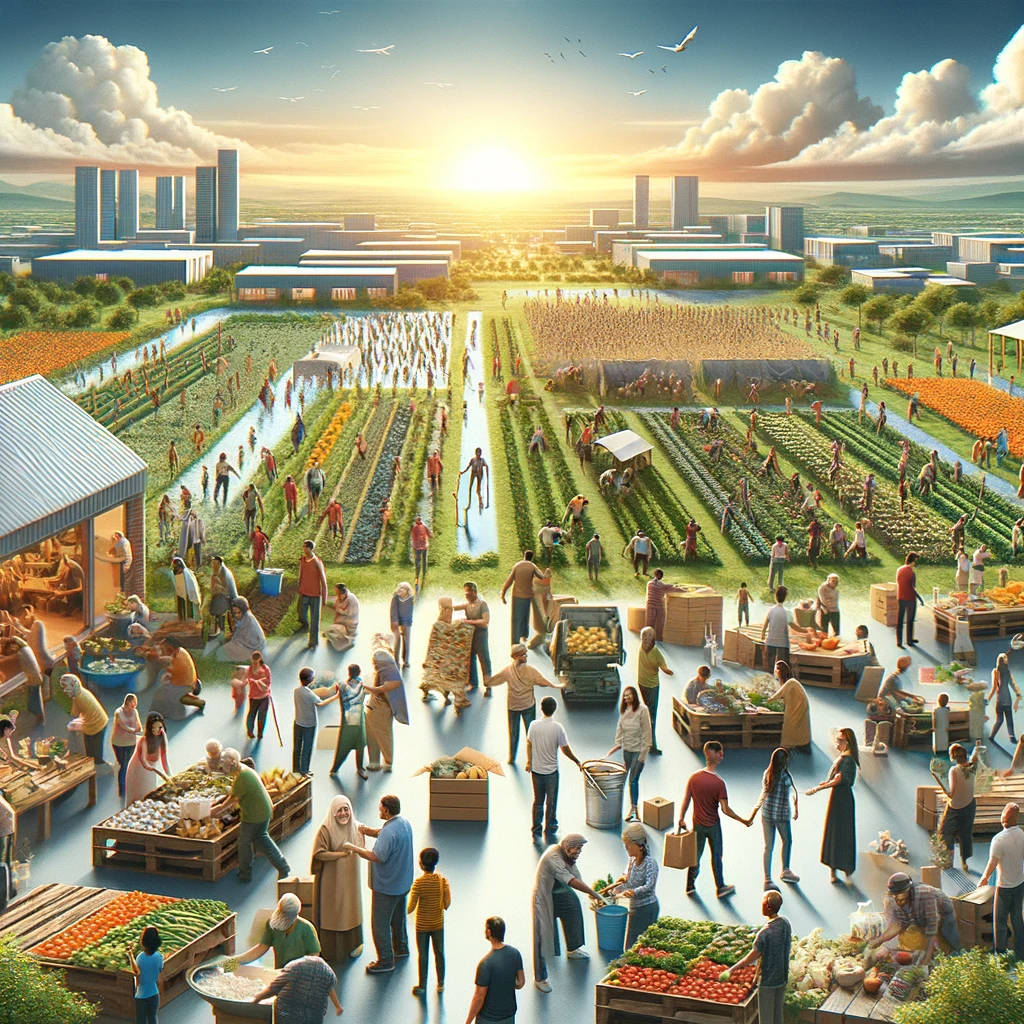 An image depicting large-scale acts of kindness in a community, featuring volunteers building a center, planting a community garden, distributing food to the needy, and a charity marathon, all in a lively and diverse setting.