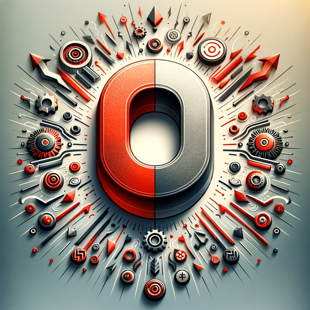 Vibrant red and silver magnet surrounded by abstract symbols like arrows, gears, and waves, representing the dynamic influence of magnetic forces.