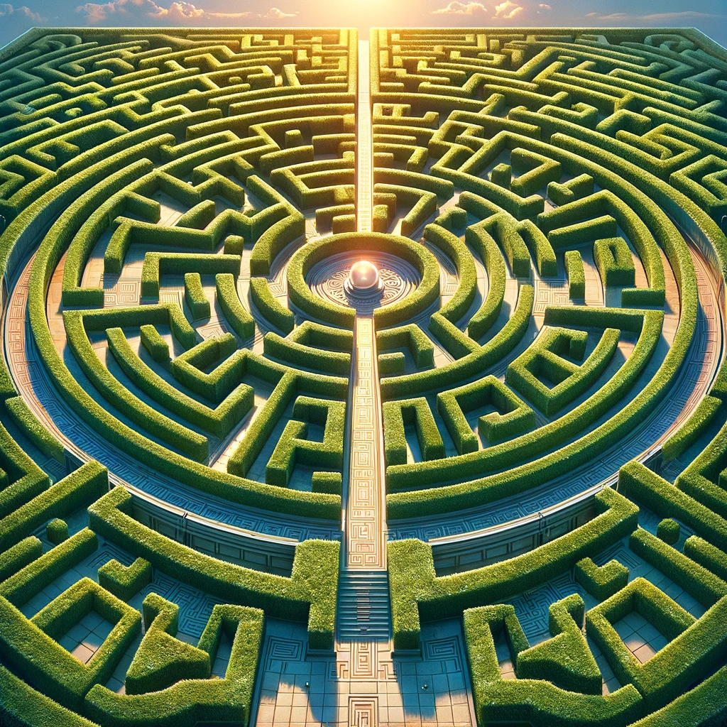 Overhead view of a classical Greek-style labyrinth with intricate pathways and a glowing orb in the center.