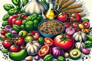 A colorful array of Italian superfoods including tomatoes, garlic, olive oil, basil, and whole grains, symbolizing health and freshness.