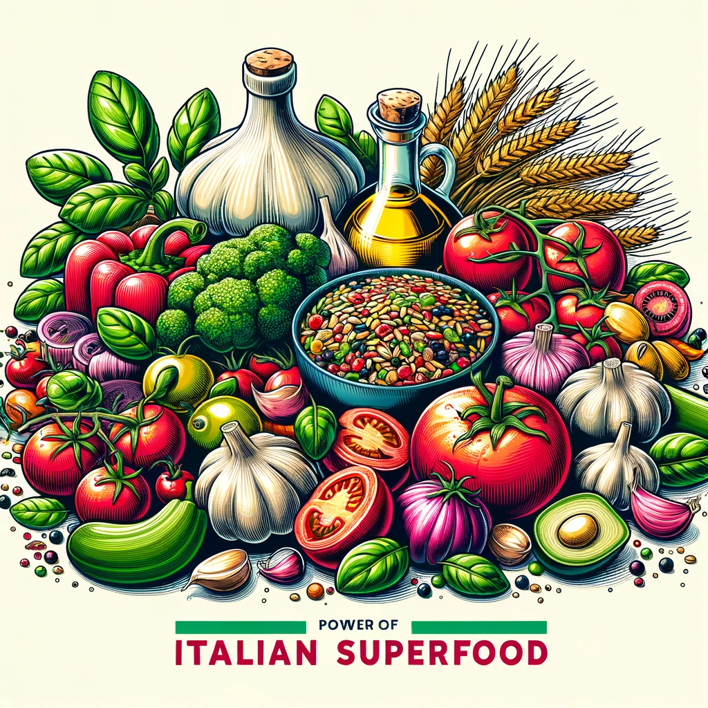 A colorful array of Italian superfoods including tomatoes, garlic, olive oil, basil, and whole grains, symbolizing health and freshness.