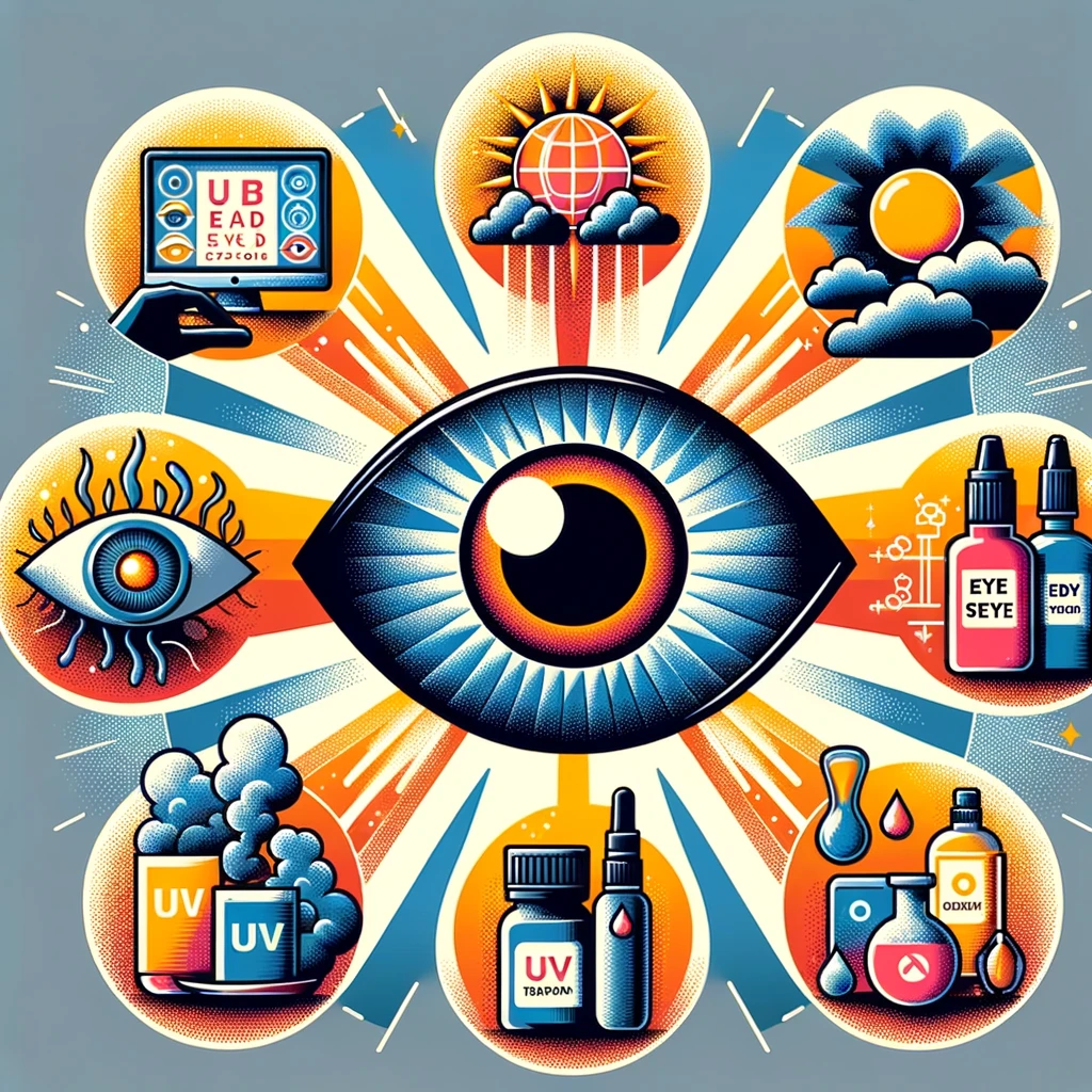 Symbolic depiction of eye health threats including computer screen glare, UV rays, pollution, and chemical misuse.