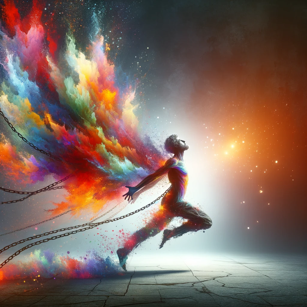 Person in a dynamic pose breaking free from invisible chains, with vibrant, explosive colors symbolizing released energy and potential.