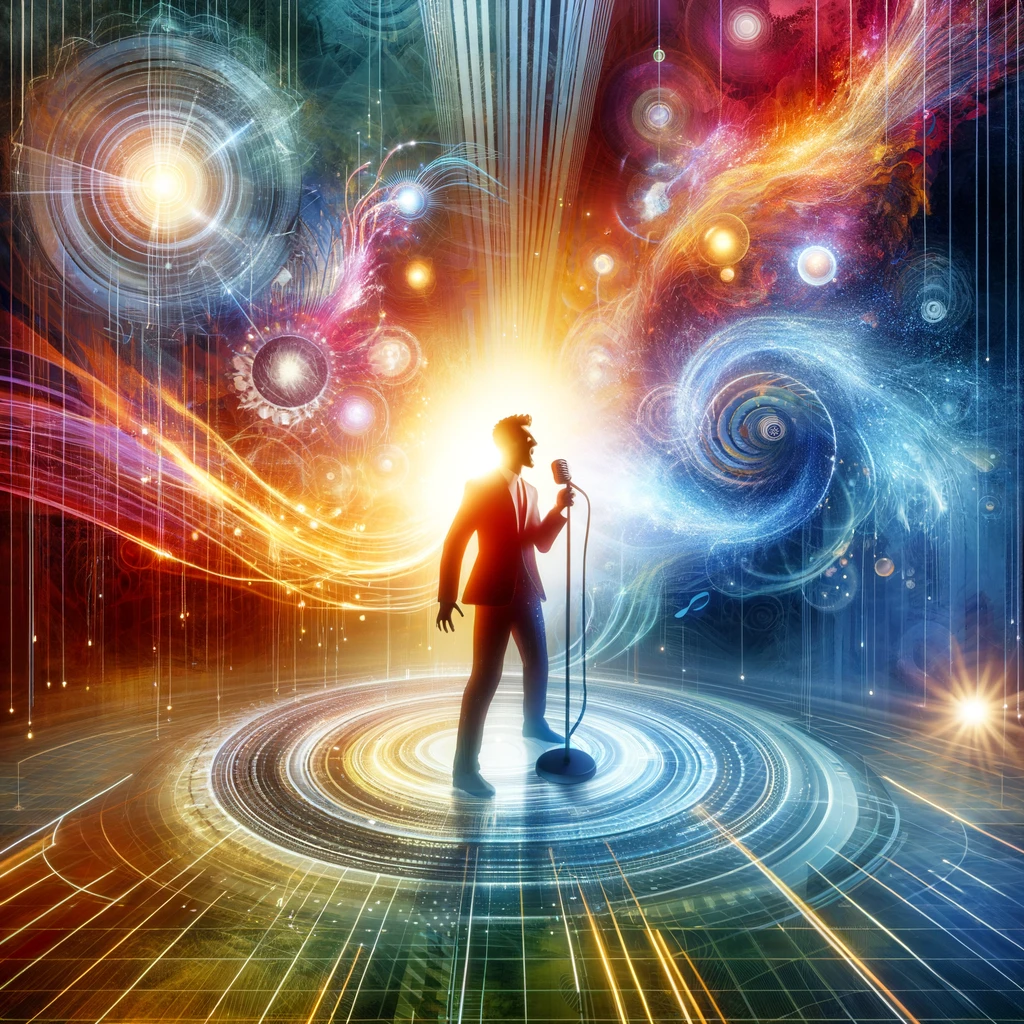 An image of a person standing confidently, speaking into a microphone, with dynamic elements like radiating sound waves and vibrant light bursts, representing the power and influence of their voice, set against an energetic abstract background.
