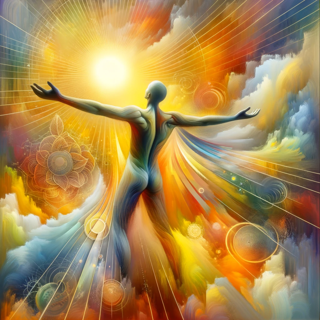 Human figure with open arms surrounded by uplifting colors of yellows and oranges, with elements like a rising sun, symbolizing hope and positivity.