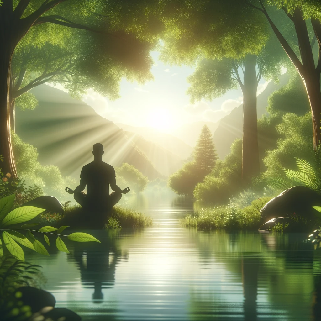 A person meditating in a peaceful natural setting, surrounded by lush greenery and a calm body of water, symbolizing stress management and inner peace