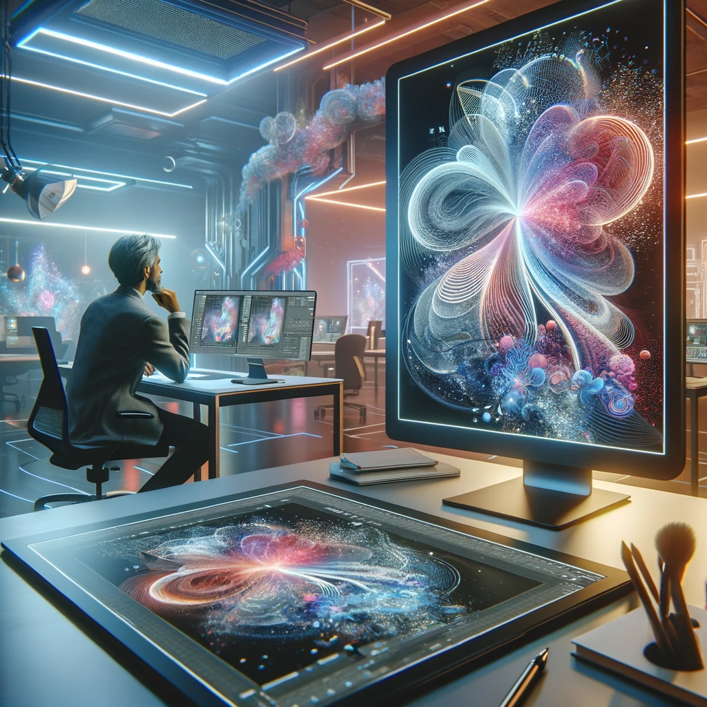 A modern, well-lit workspace featuring a person thoughtfully gazing at a large monitor displaying an abstract AI-generated image. The room is filled with artistic tools like graphics tablets, sketchbooks, and digital pens, highlighting the blend of traditional and digital art methods. The environment is vibrant and professional, with soft lighting and high-tech equipment, symbolizing the integration of AI and human creativity in art