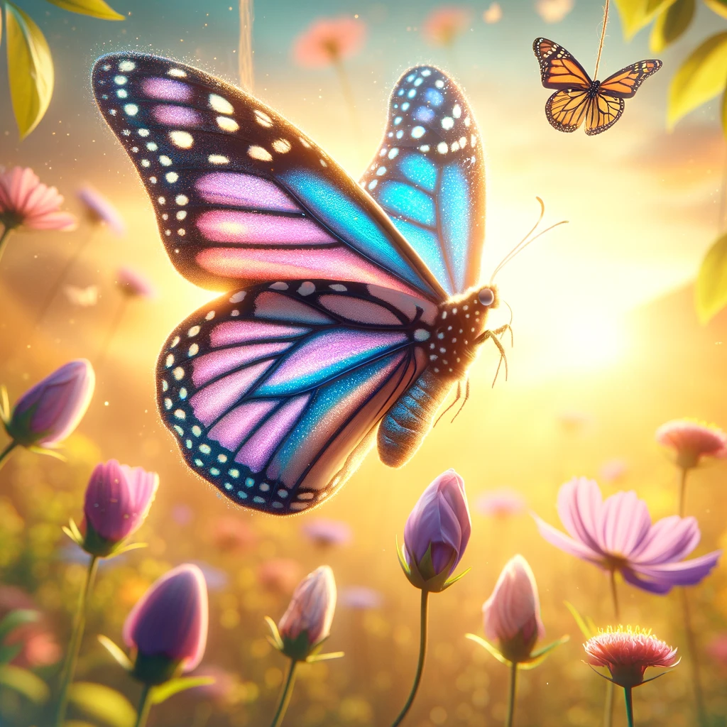 A brightly colored butterfly with delicate and vibrant wings, flying gracefully above a field of various flowers in full bloom, under a sunny sky.