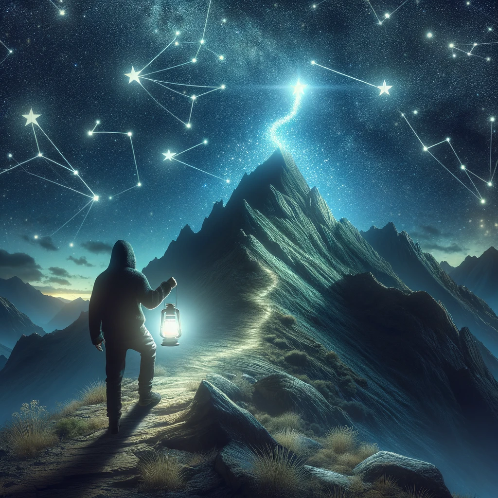An individual stands on rugged terrain, facing a challenging mountain under a starry sky, holding a lantern that casts a bright, dreamlike light on the path ahead, symbolizing the journey of overcoming challenges and pursuing dreams.