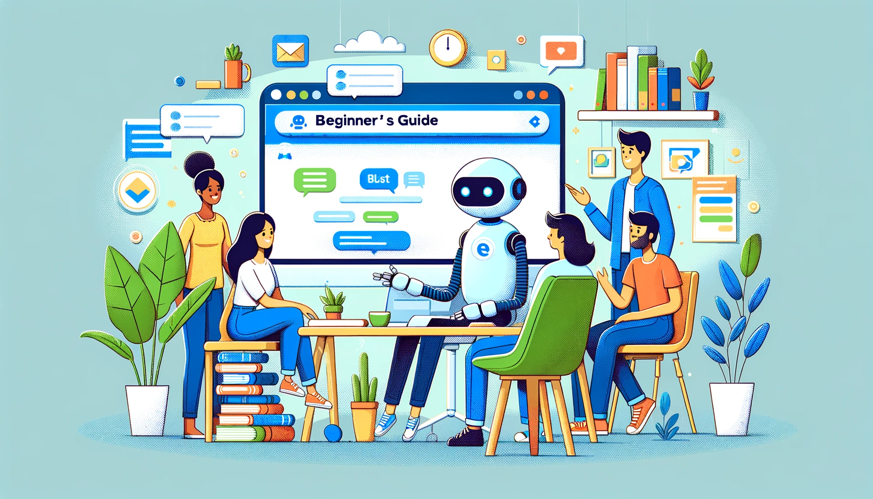 A digital illustration showing a friendly robot assisting a diverse group of people at a computer screen with the ChatGPT interface.