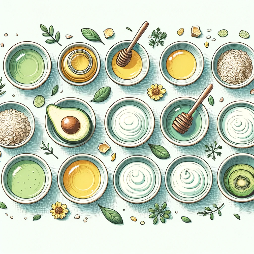 Collection of homemade face masks in bowls with ingredients like avocado, honey, oatmeal, yogurt, and greenery on a minimalist background.