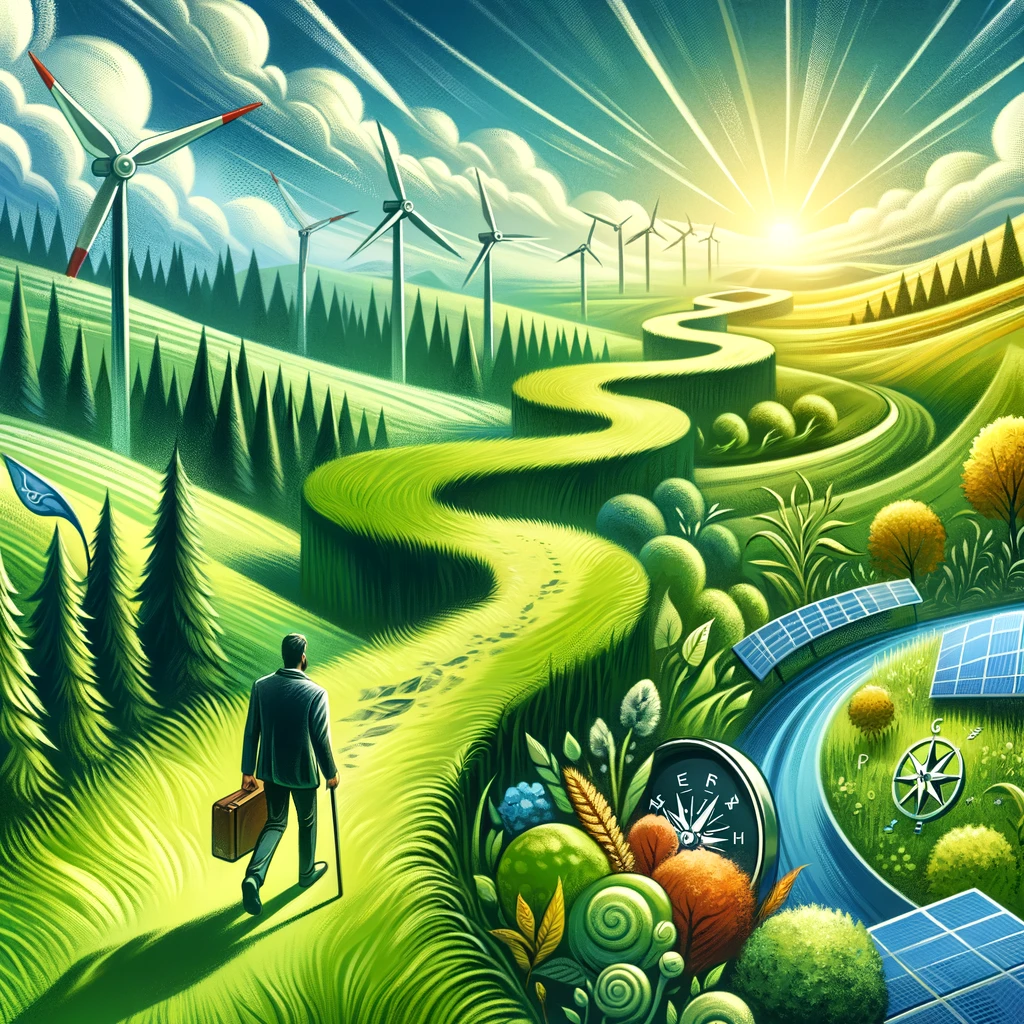 An illustration of a person walking on a lush green path, passing through forests and renewable energy fields, symbolizing the journey towards sustainable living.