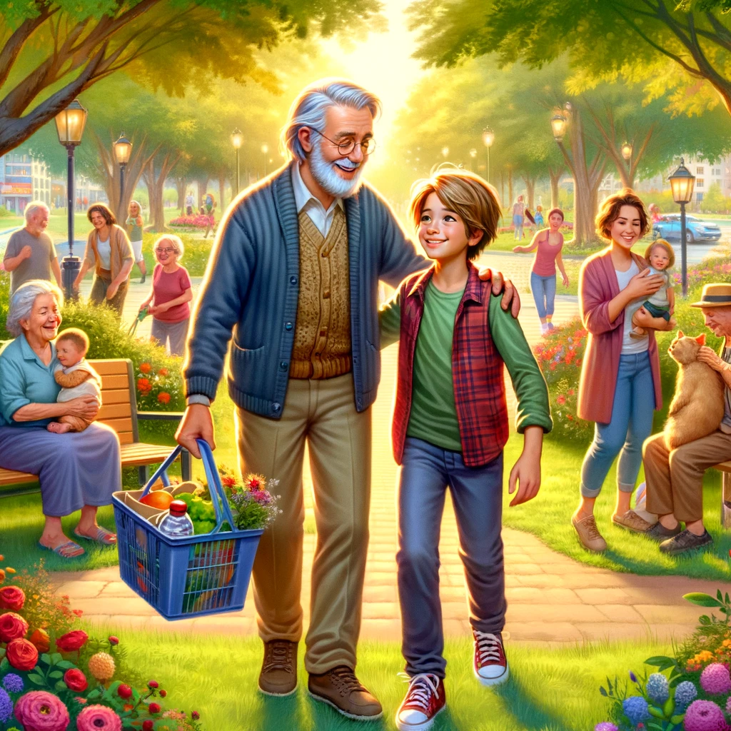 A young boy named Leo, with a gentle smile, helps an elderly man carry groceries in a vibrant, rejuvenated park filled with lush greenery and blooming flowers. In the background, people of various ages are seen happily interacting, playing, and relaxing, showcasing a warm, friendly, and close-knit community atmosphere
