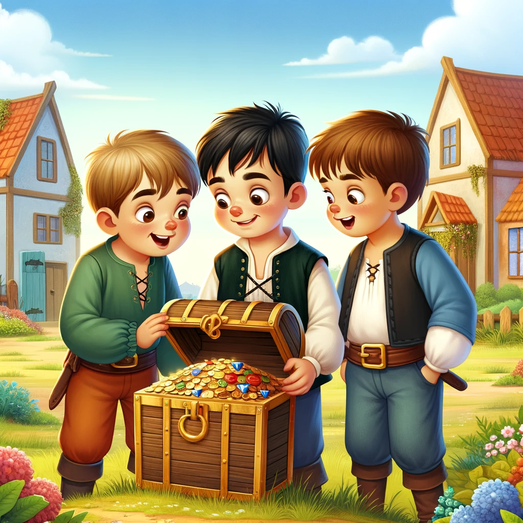 Three brothers in a field, one holding a treasure chest with the other two looking on enviously, symbolizing the mixed emotions of greed, envy, and brotherhood in a rustic village setting.