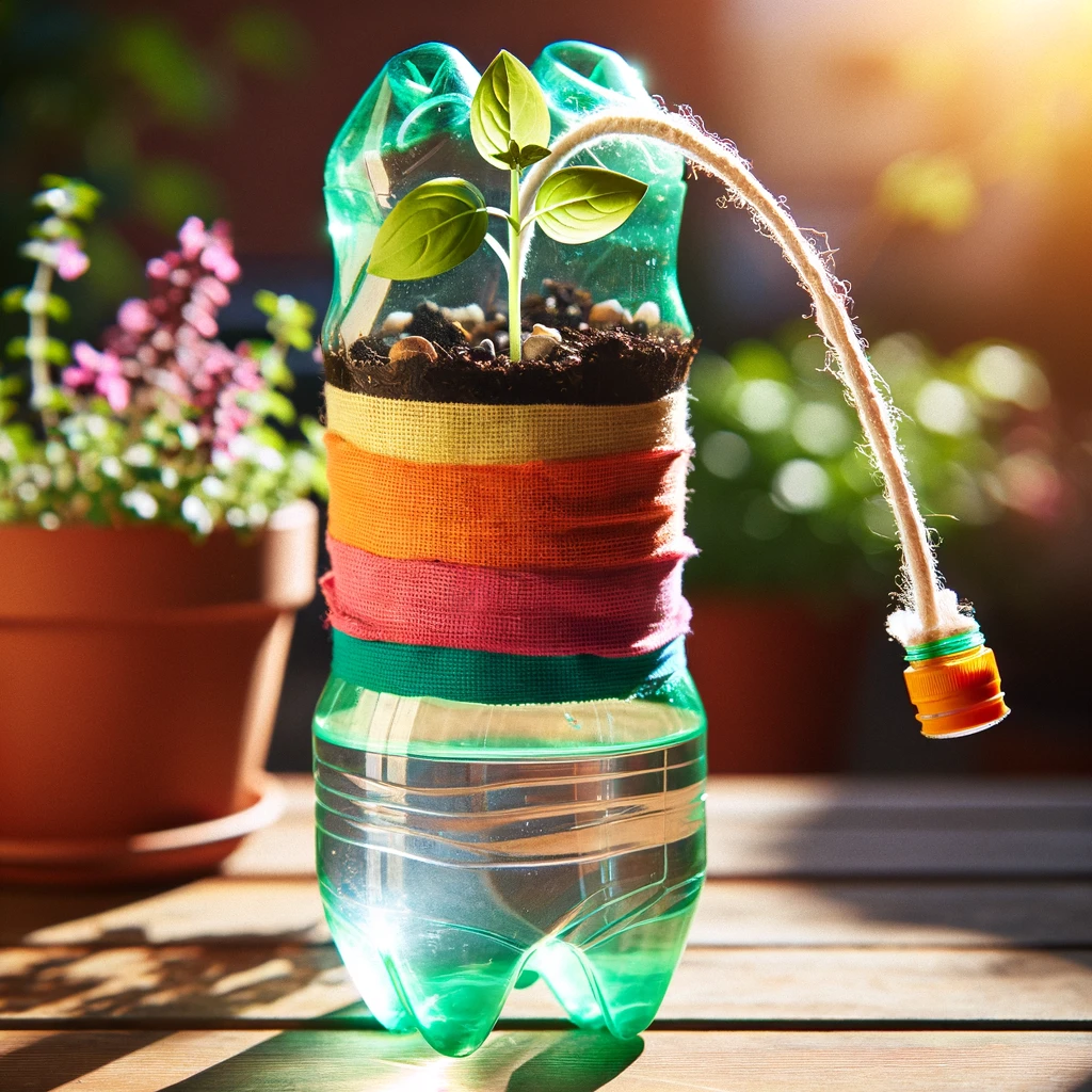 A bright and colorful self-watering planter made from a repurposed 2-liter plastic soda bottle, with a bottom water reservoir and a top section filled with soil and a small plant, placed in a sunny setting.