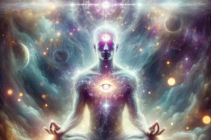 An individual in meditation with a glowing third eye on their forehead, symbolizing enlightenment and inner wisdom, against an abstract cosmic background.