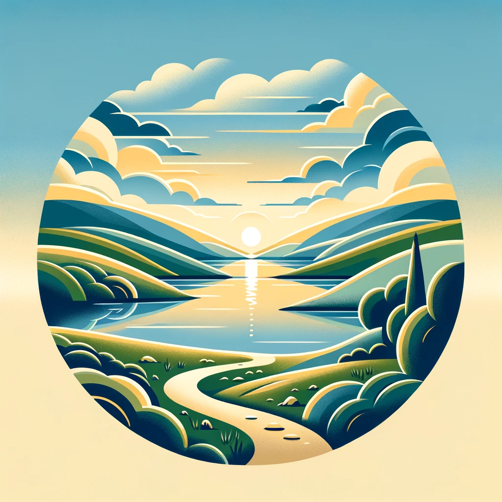 A serene landscape with a quiet lake, gentle hills, and a clear sky at dawn. A meandering path symbolizes the journey through strategies to resolve inner conflict, leading towards a hopeful sunrise.