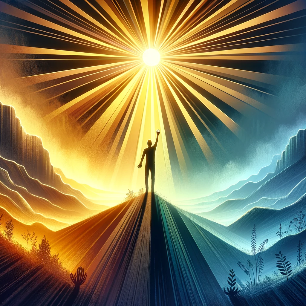Conceptual image of a person's silhouette reaching towards a radiant sun, symbolizing the pursuit of happiness, with a transition from a dark, muted landscape to a vibrant, colorful scene filled with light and warmth.