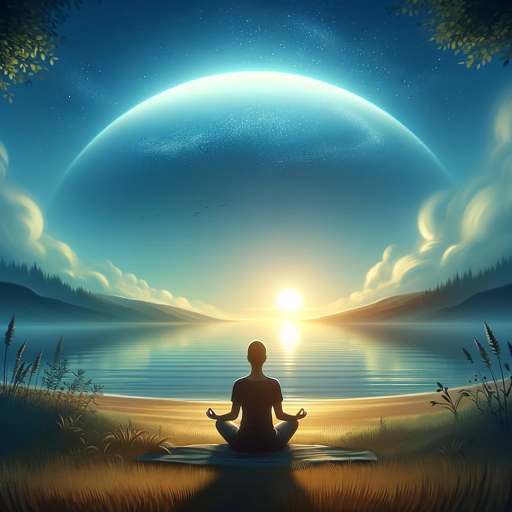 A person seated in a serene landscape practicing deep breathing exercises, surrounded by a tranquil aura, under a clear blue sky.