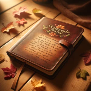An open gratitude journal on a wooden desk, with a burgundy leather cover. The page shows handwritten notes of thanks, accented by colorful autumn leaves. Warm light enhances the cozy scene.