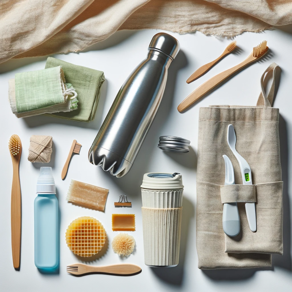 Eco-friendly alternatives to plastic including a bamboo toothbrush, reusable cloth bags, a stainless steel water bottle, and beeswax food wraps on a light background.