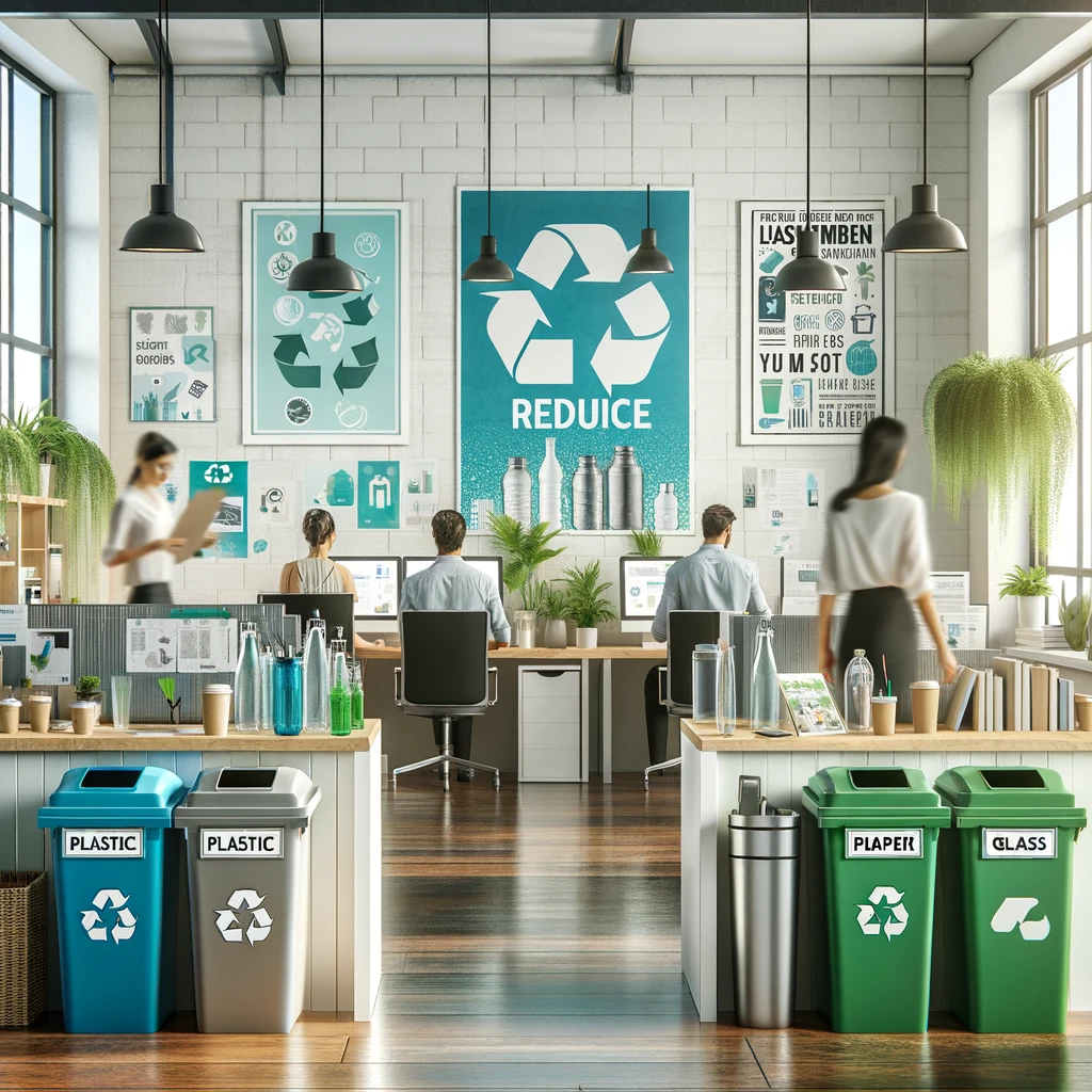 Modern office setting with employees using reusable water bottles and cups, recycling bins for different materials, and posters promoting environmental awareness.