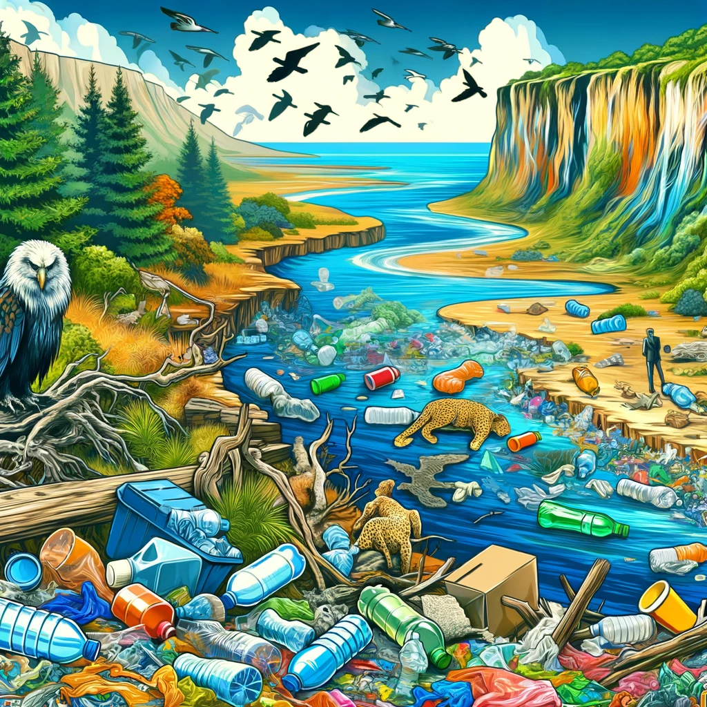 Illustration of a landscape heavily polluted with plastic waste, impacting wildlife and nature.