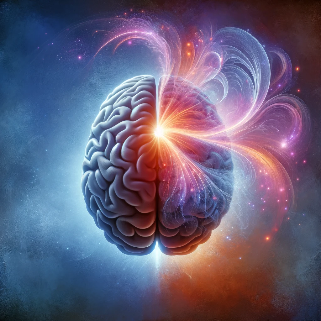 Artistic image of a human brain, half anatomically realistic and half transformed into vibrant, glowing light, symbolizing the power and influence of intuition against a deep blue and purple mysterious background.