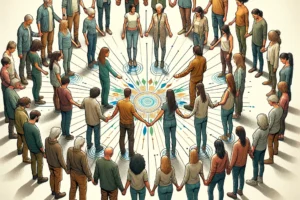 A diverse group of individuals standing in a circle, practicing tapping (EFT), emphasizing community healing and emotional release against a neutral background.