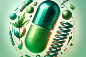 A vibrant green capsule representing joint health supplement, surrounded by symbols of flexibility and strength, set against a light, soothing background