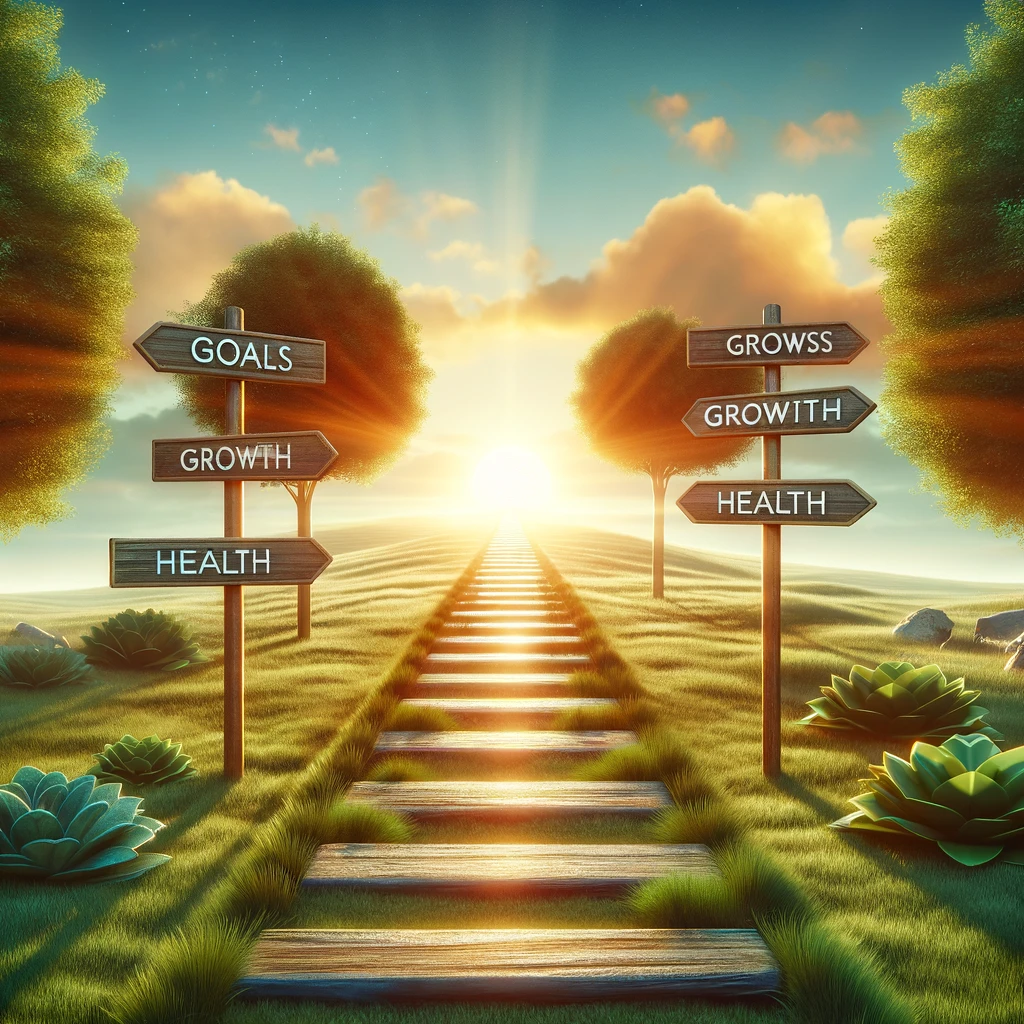 Pathway leading to a sunrise with signposts labeled 'Goals', 'Growth', 'Mindfulness', 'Health' on a serene landscape, symbolizing self-improvement.