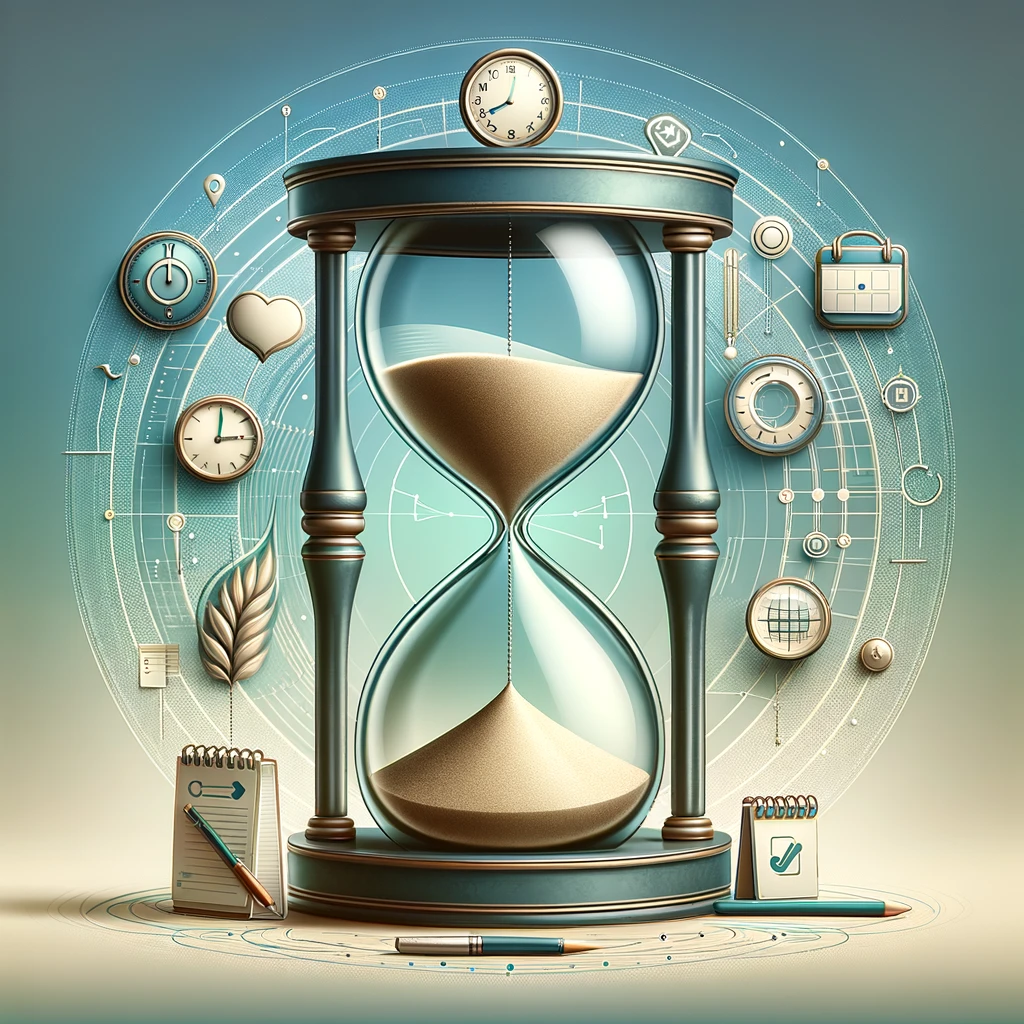 Elegant hourglass with flowing sand, surrounded by a clock, calendar, checklist, and pen, set against a blue and green gradient background, symbolizing effective time management.
