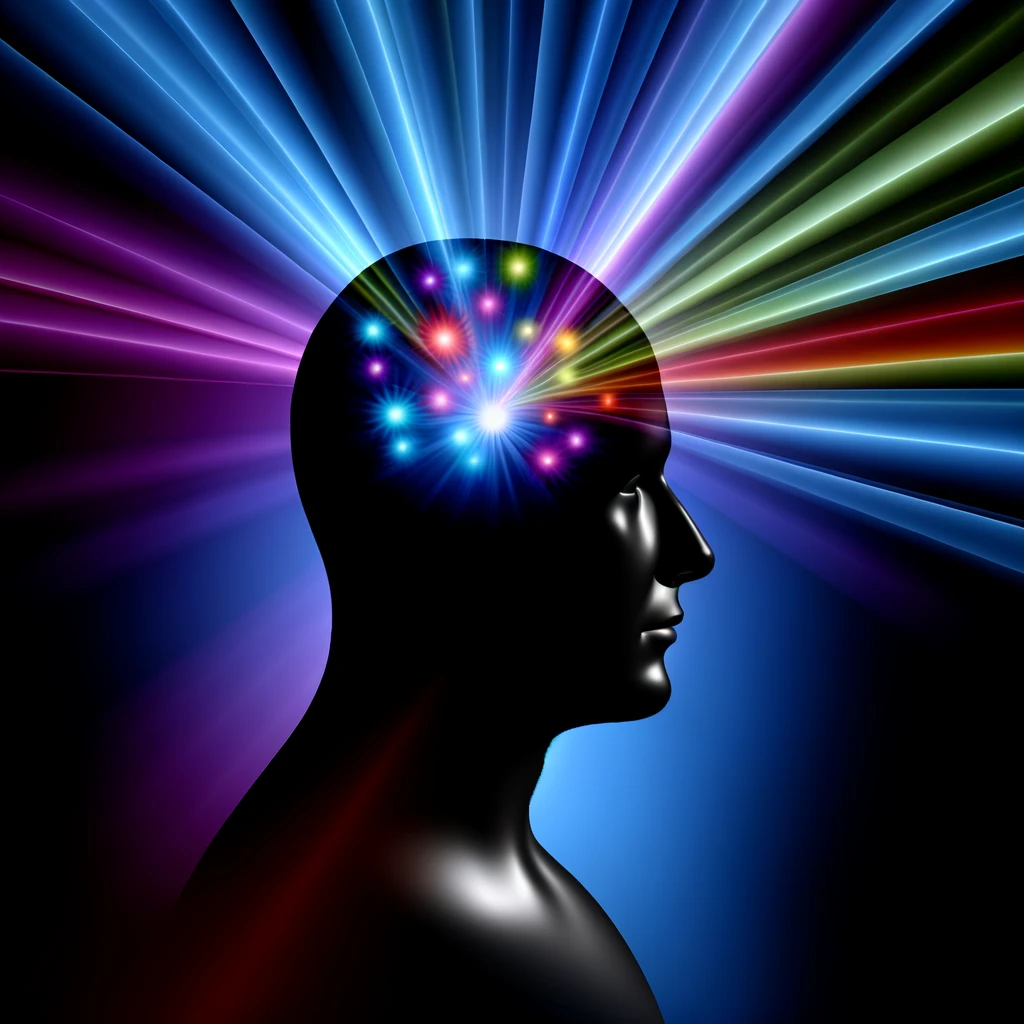 Profile of an open human head emitting vibrant, multicolored light beams against a deep blue and black background, symbolizing the unleashing of creative thoughts and ideas.