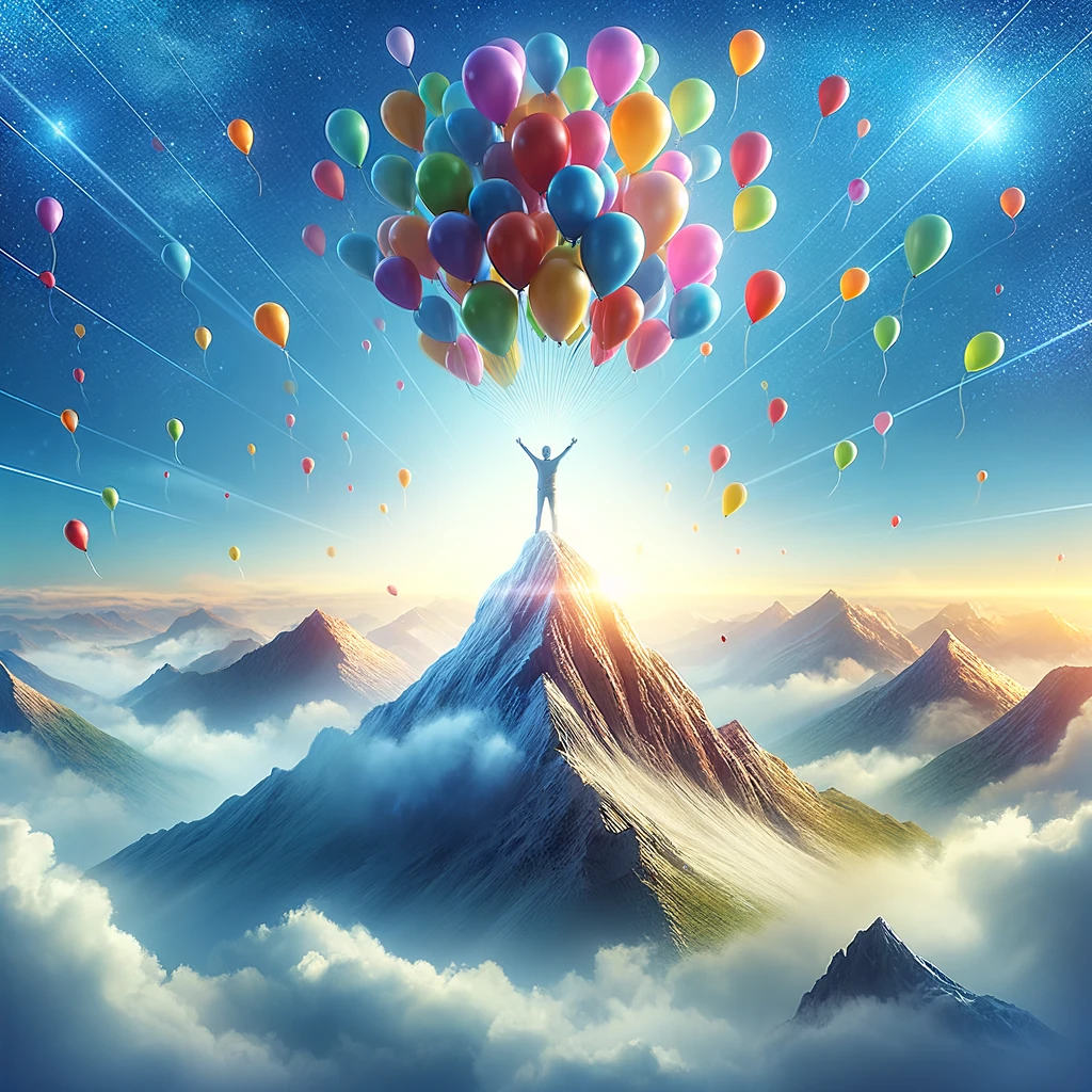 Person on mountain peak with arms raised, surrounded by colorful balloons in the sky, symbolizing elevation and achievement in life.