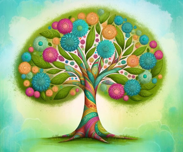 A unique, asymmetrical tree full of vibrant leaves and flowers set against a light blue and green gradient background, symbolizing the beauty of embracing imperfection and the ability to thrive