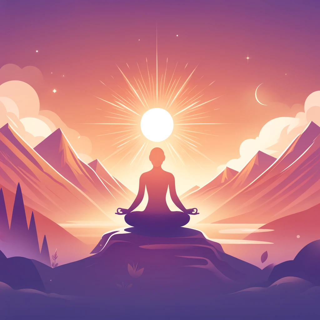 Person meditating on a mountain peak at sunrise, surrounded by nature with a soft glow symbolizing inner strength.