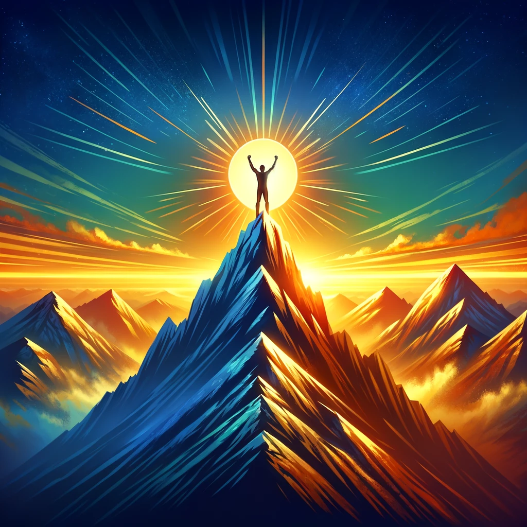 A figure standing triumphantly on a mountain peak, arms raised, facing a vibrant sunrise, symbolizing achievement and personal growth in the journey towards personal mastery.