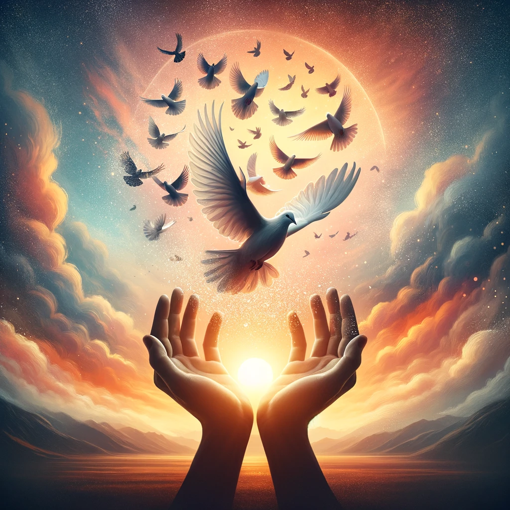 Hands releasing a flock of doves against a backdrop of a warm-hued sunrise, symbolizing freedom, hope, and new beginnings in the journey of letting go and moving forward.