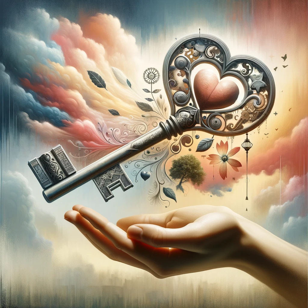 An ornate key with elements of a heart, book, and tree in its design, held in an outstretched hand against a soft pastel-colored background, symbolizing the key to love, knowledge, and growth in a fulfilling life.