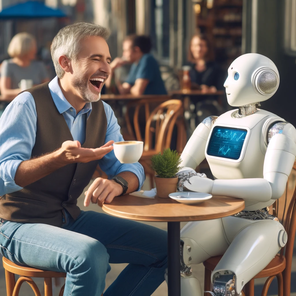 A human and an AI robot enjoying a friendly coffee chat