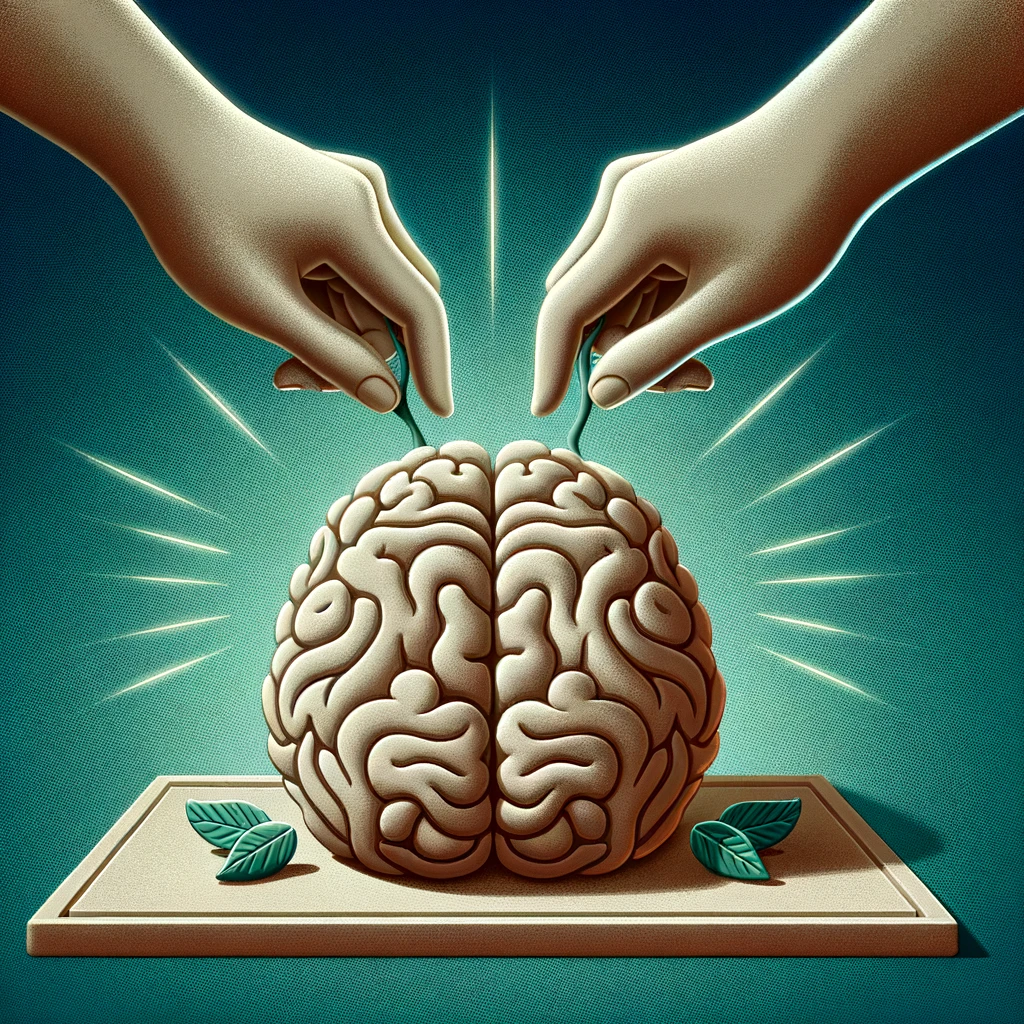 A human brain made of clay being sculpted by hands, surrounded by symbols of growth and enlightenment, set against a tranquil blue background, illustrating the concept of actively reshaping mental habits.