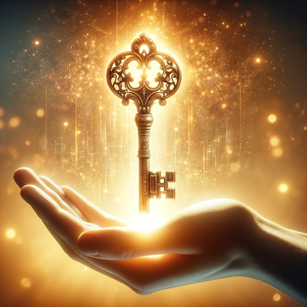 An ornate key glowing with bright light, hovering above an open hand, set against a warm, yellow-orange background.